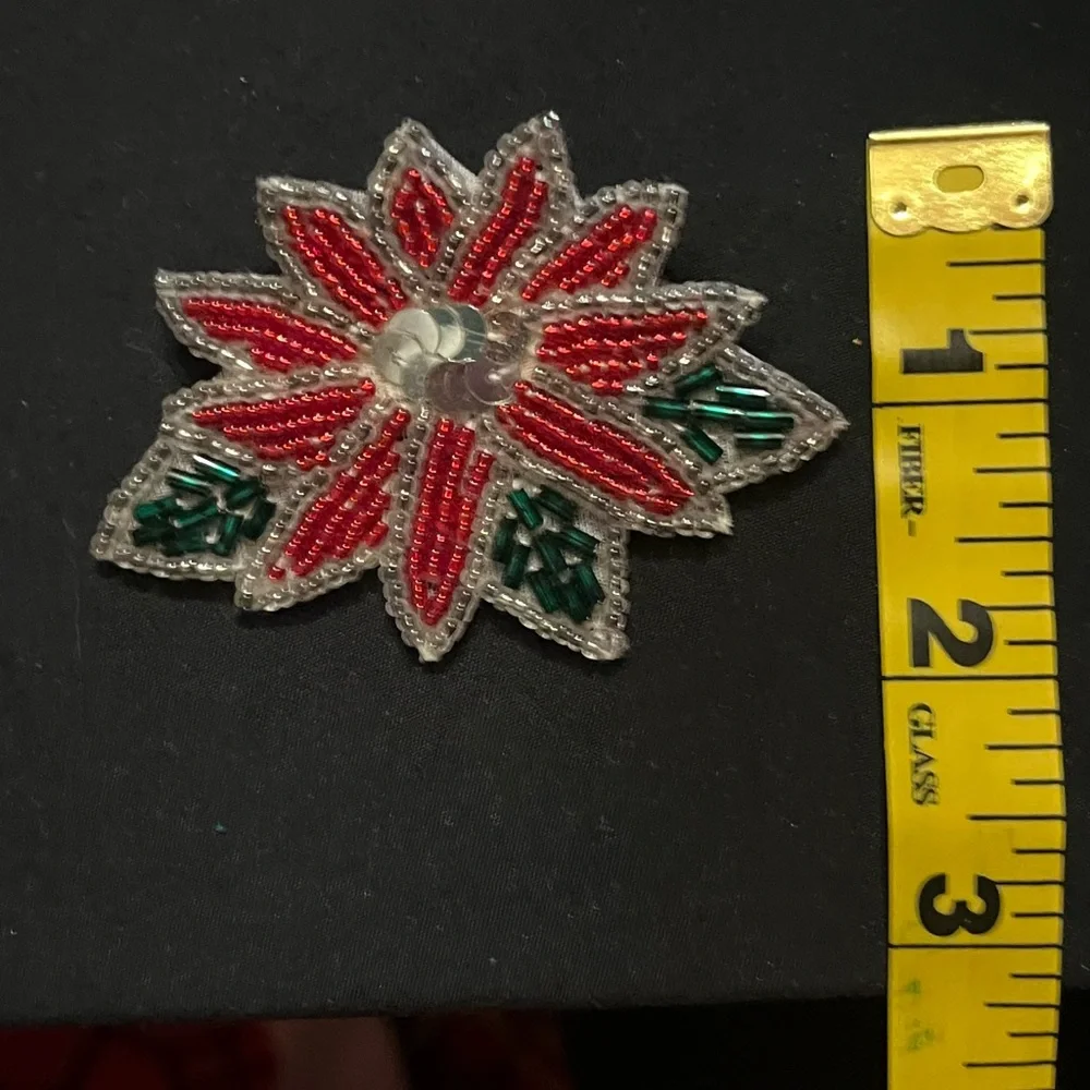 Handmade Christmas Poinsettia Brooch with Red and Green beads